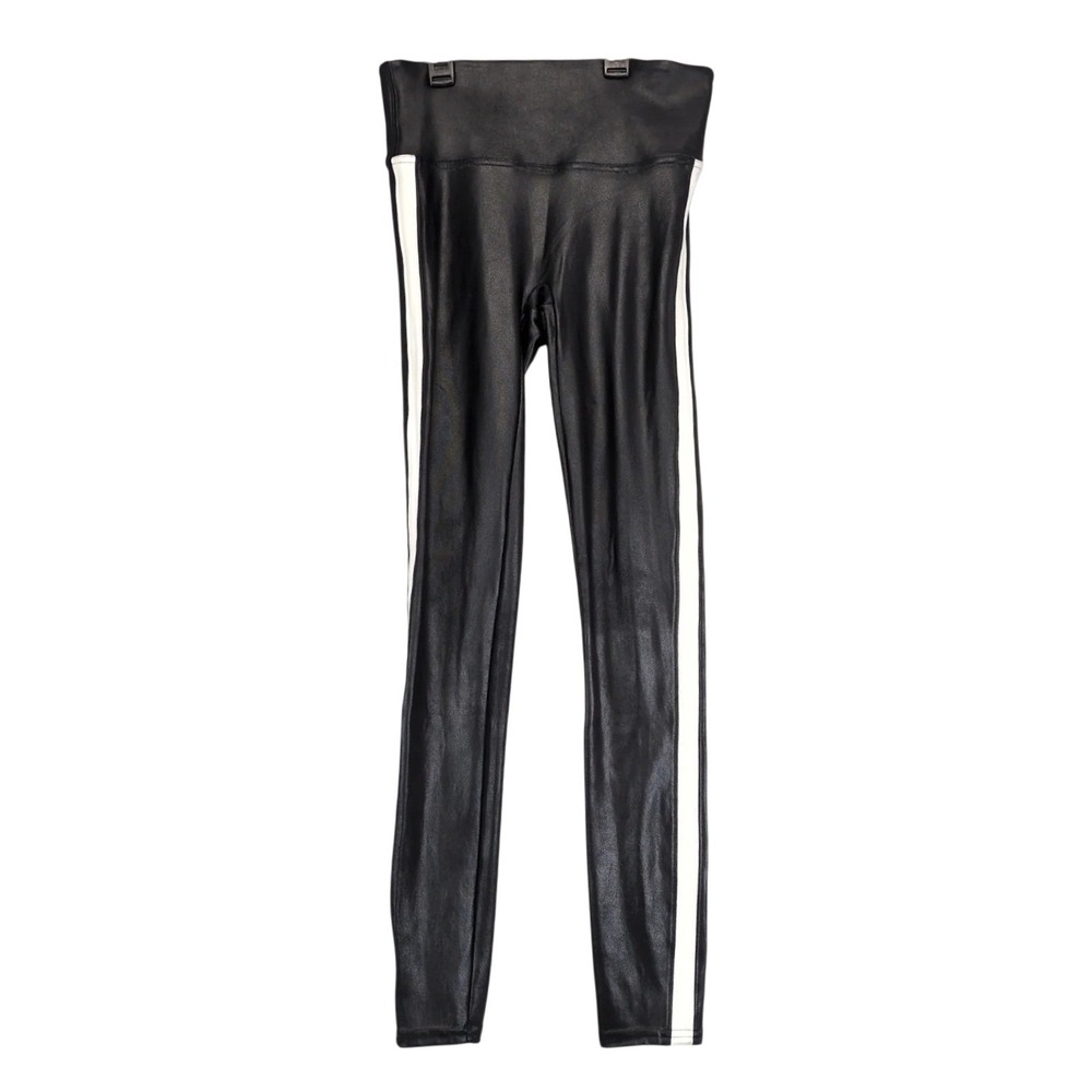 Spanx Black Faux Leather Leggings Womens S White Side Stripe Shaping Streetwear